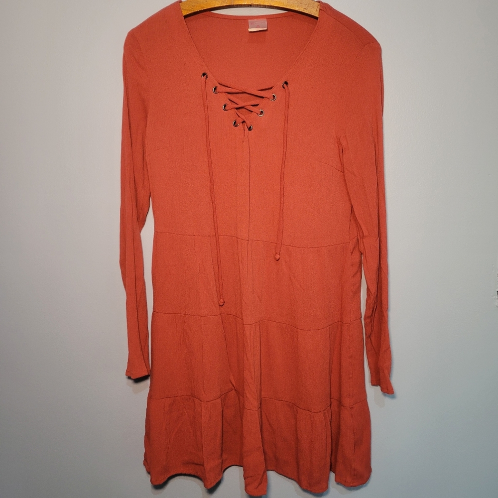 No Boundaries Junior Long Sleeve Rust Colorβ Lace Up Tier Dress Size Medium 7-9